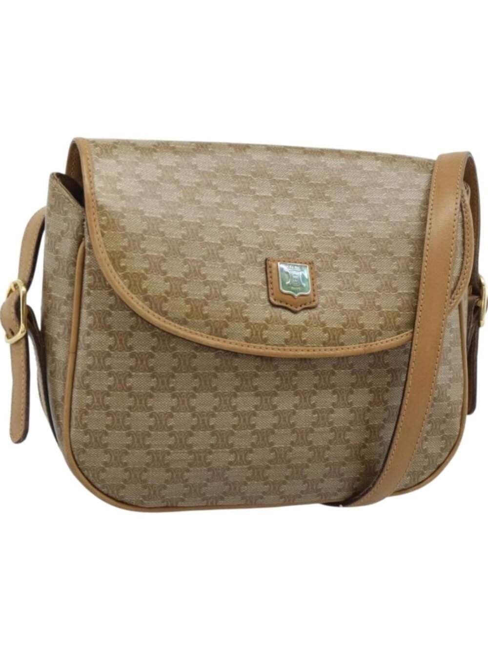 CELINE Macadam Canvas Shoulder Bag PVC Beige Gold